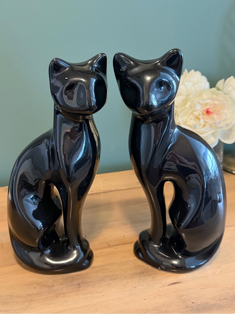 Pair of Retro MCM Glossy Black Cat Ceramic Sculptures